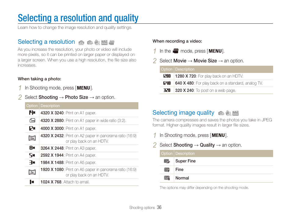 Selecting a resolution and quality, Selecting a resolution, Selecting image quality | Samsung EC-PL20ZZBPSUS User Manual | Page 37 / 106