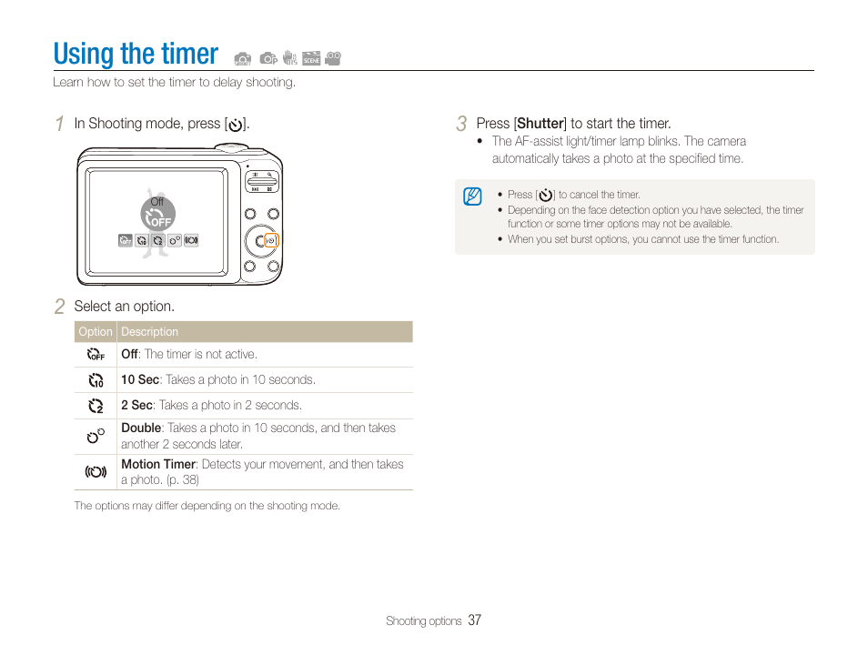 Using the timer | Samsung EC-PL20ZZBPSUS User Manual | Page 38 / 106