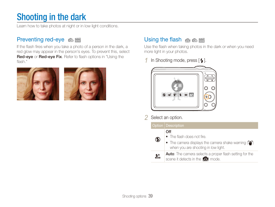 Shooting in the dark, Preventing red-eye, Using the flash | Urn on the flash. (p. 39) | Samsung EC-PL20ZZBPSUS User Manual | Page 40 / 106