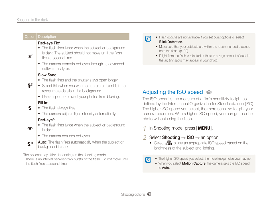 Adjusting the iso speed, P. 40), Set iso speed options. (p. 40) | Adjusting the iso speed …………………… 40 | Samsung EC-PL20ZZBPSUS User Manual | Page 41 / 106