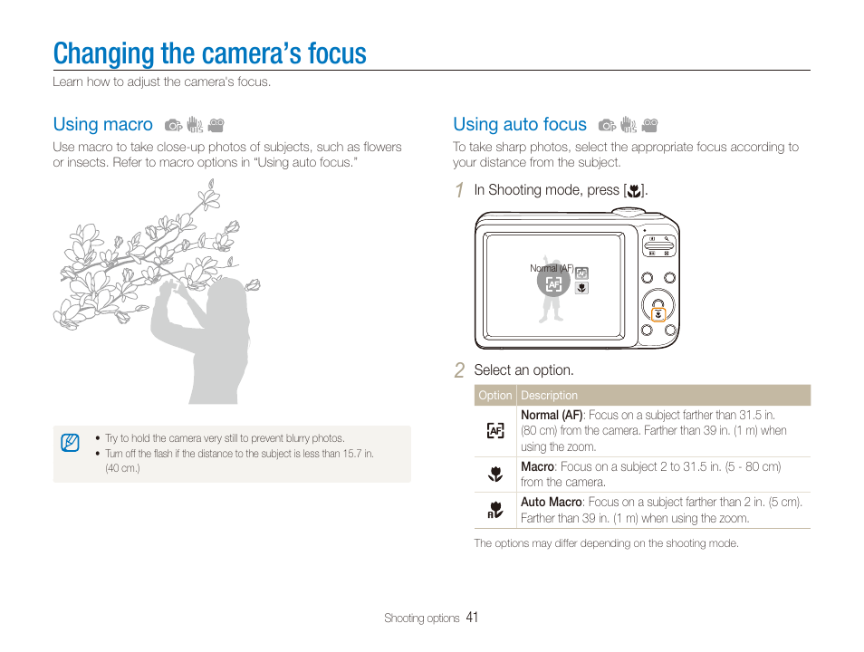 Changing the camera’s focus, Using macro, Using auto focus | Samsung EC-PL20ZZBPSUS User Manual | Page 42 / 106