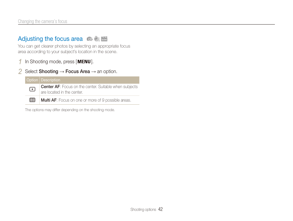 Adjusting the focus area, Adjusting the focus area ……………………… 42 | Samsung EC-PL20ZZBPSUS User Manual | Page 43 / 106