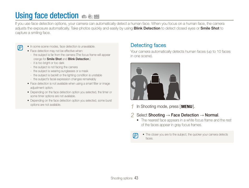 Using face detection, Detecting faces, Detecting faces ……………………………… 43 | Samsung EC-PL20ZZBPSUS User Manual | Page 44 / 106