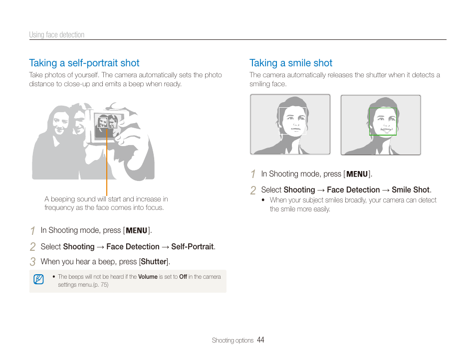 Taking a self-portrait shot, Taking a smile shot | Samsung EC-PL20ZZBPSUS User Manual | Page 45 / 106