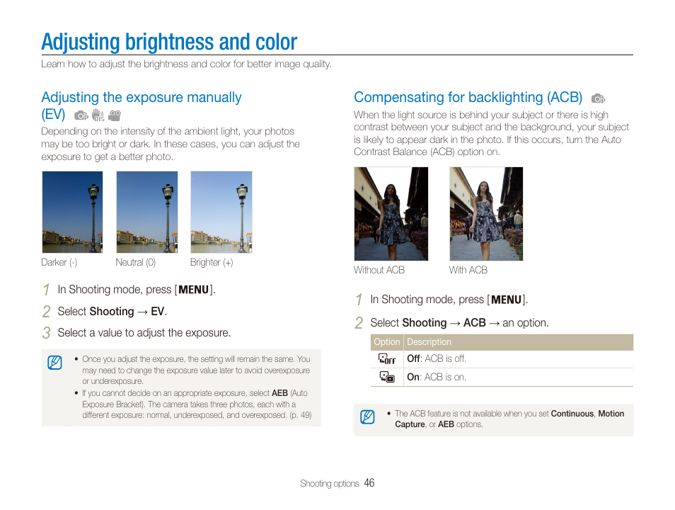 Adjusting brightness and color, Adjusting the exposure manually (ev), Compensating for backlighting (acb) | Option. (p. 46), Adjust the exposure. (p. 46) | Samsung EC-PL20ZZBPSUS User Manual | Page 47 / 106