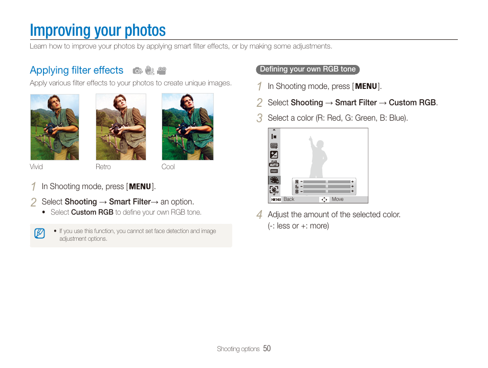 Improving your photos, Applying filter effects, Applying filter effects ………………………… 50 | Samsung EC-PL20ZZBPSUS User Manual | Page 51 / 106