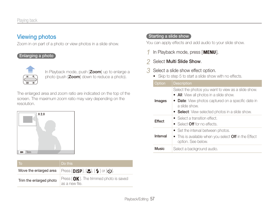 Viewing photos, Viewing photos ……………………………… 57 | Samsung EC-PL20ZZBPSUS User Manual | Page 58 / 106