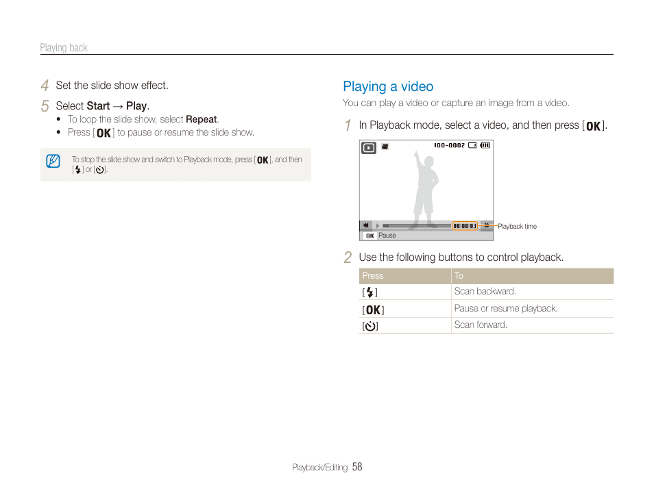 Playing a video, Playing a video ……………………………… 58 | Samsung EC-PL20ZZBPSUS User Manual | Page 59 / 106