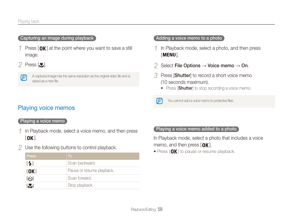 Playing voice memos, Playing voice memos ………………………… 59 | Samsung EC-PL20ZZBPSUS User Manual | Page 60 / 106