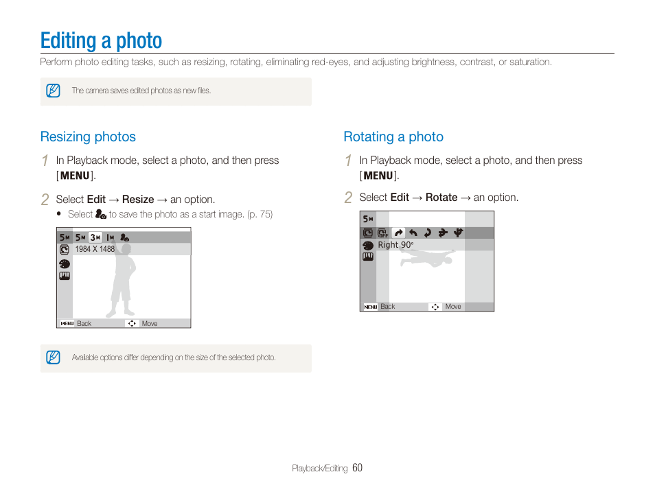 Editing a photo, Resizing photos, Rotating a photo | Samsung EC-PL20ZZBPSUS User Manual | Page 61 / 106