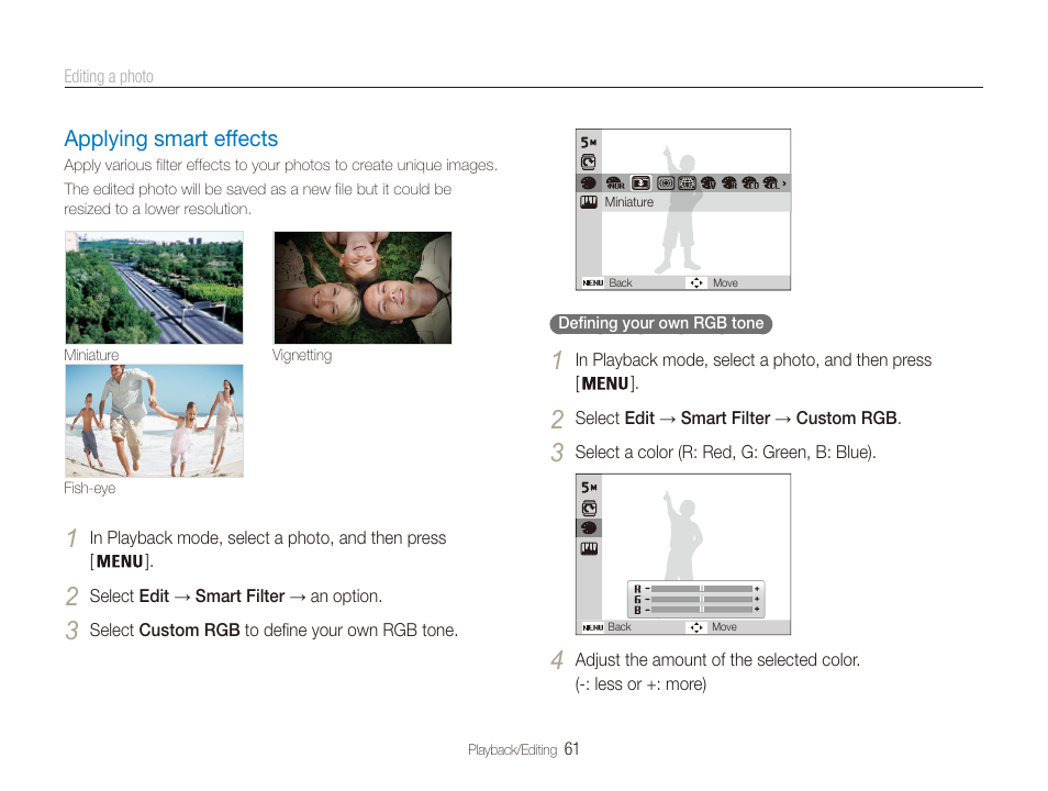 Applying smart effects, Applying smart effects ……………………… 61 | Samsung EC-PL20ZZBPSUS User Manual | Page 62 / 106