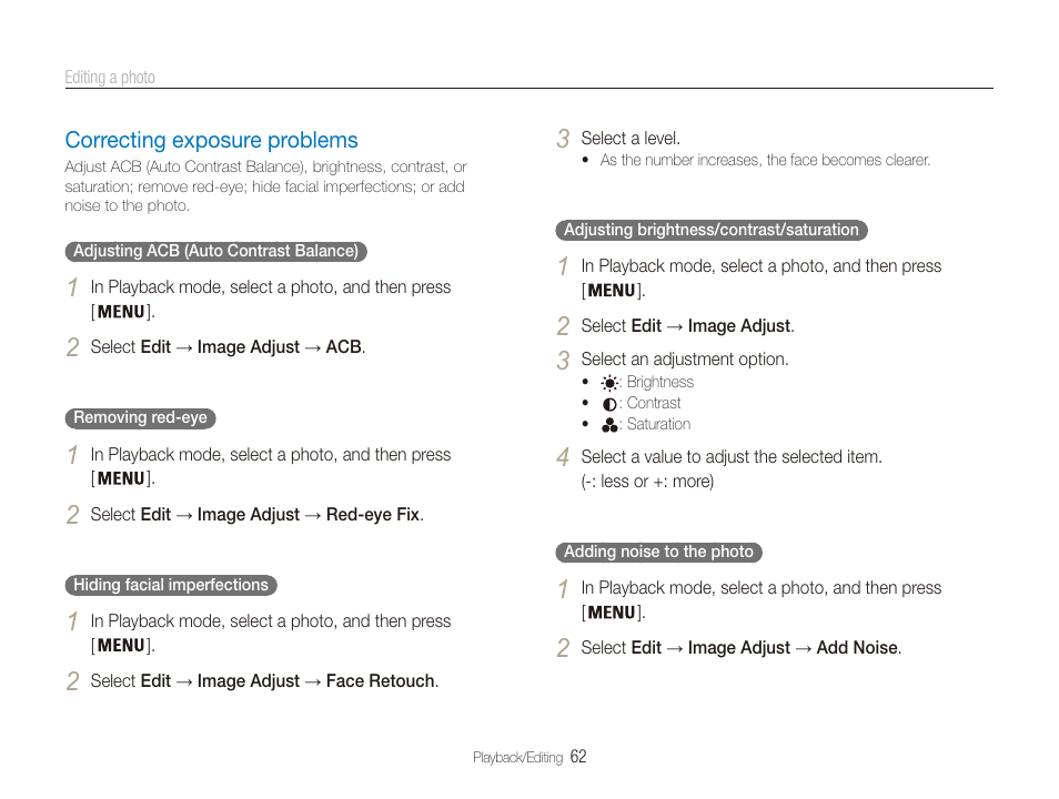 Correcting exposure problems, In the edit menu. (p. 62), Correcting exposure problems ……………… 62 | Samsung EC-PL20ZZBPSUS User Manual | Page 63 / 106