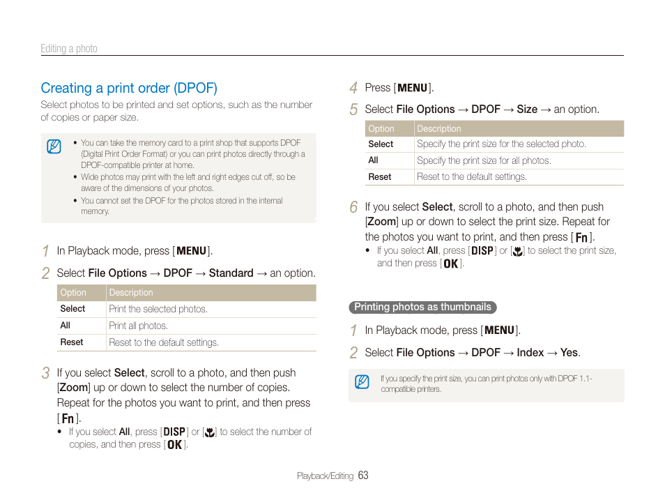 Creating a print order (dpof), Creating a print order (dpof) ………………… 63 | Samsung EC-PL20ZZBPSUS User Manual | Page 64 / 106