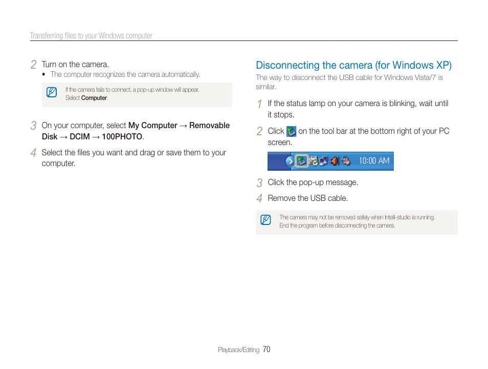 Disconnecting the camera (for windows xp) | Samsung EC-PL20ZZBPSUS User Manual | Page 71 / 106