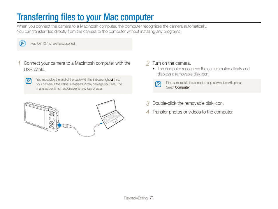 Transferring files to your mac computer | Samsung EC-PL20ZZBPSUS User Manual | Page 72 / 106