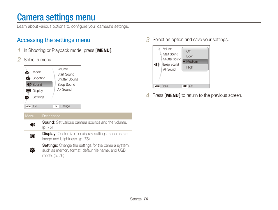 Camera settings menu, Accessing the settings menu, Accessing the settings menu ………………… 74 | Samsung EC-PL20ZZBPSUS User Manual | Page 75 / 106