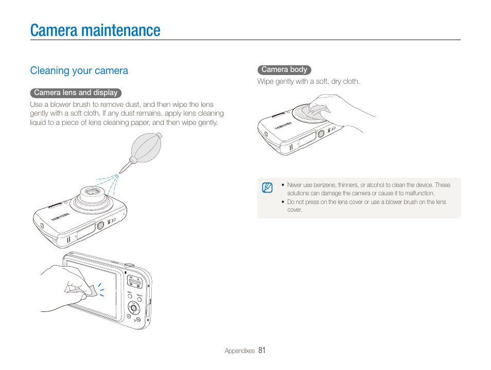 Camera maintenance, Cleaning your camera, Cleaning your camera ……………………… 81 | Samsung EC-PL20ZZBPSUS User Manual | Page 82 / 106