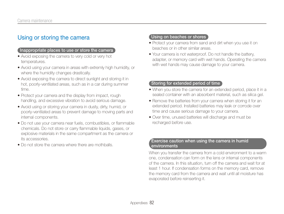 Using or storing the camera, Using or storing the camera ………………… 82 | Samsung EC-PL20ZZBPSUS User Manual | Page 83 / 106