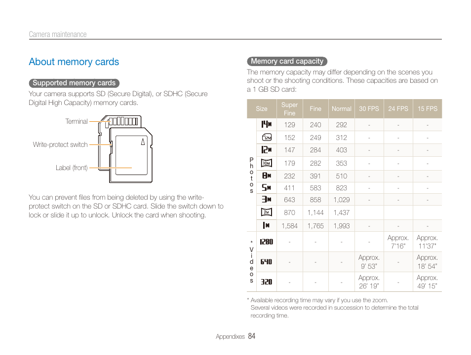 About memory cards, About memory cards ………………………… 84 | Samsung EC-PL20ZZBPSUS User Manual | Page 85 / 106