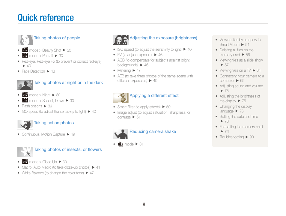 Quick reference | Samsung EC-PL20ZZBPSUS User Manual | Page 9 / 106