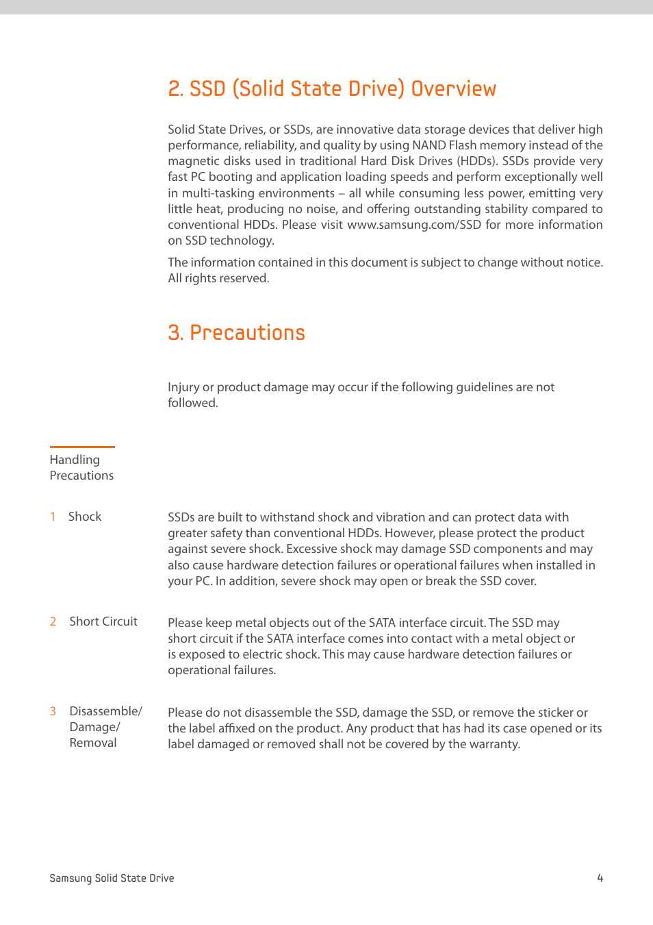 Ssd (solid state drive) overview, Precautions, Handling precautions | Samsung MZ-7PC512D-AM User Manual | Page 4 / 14