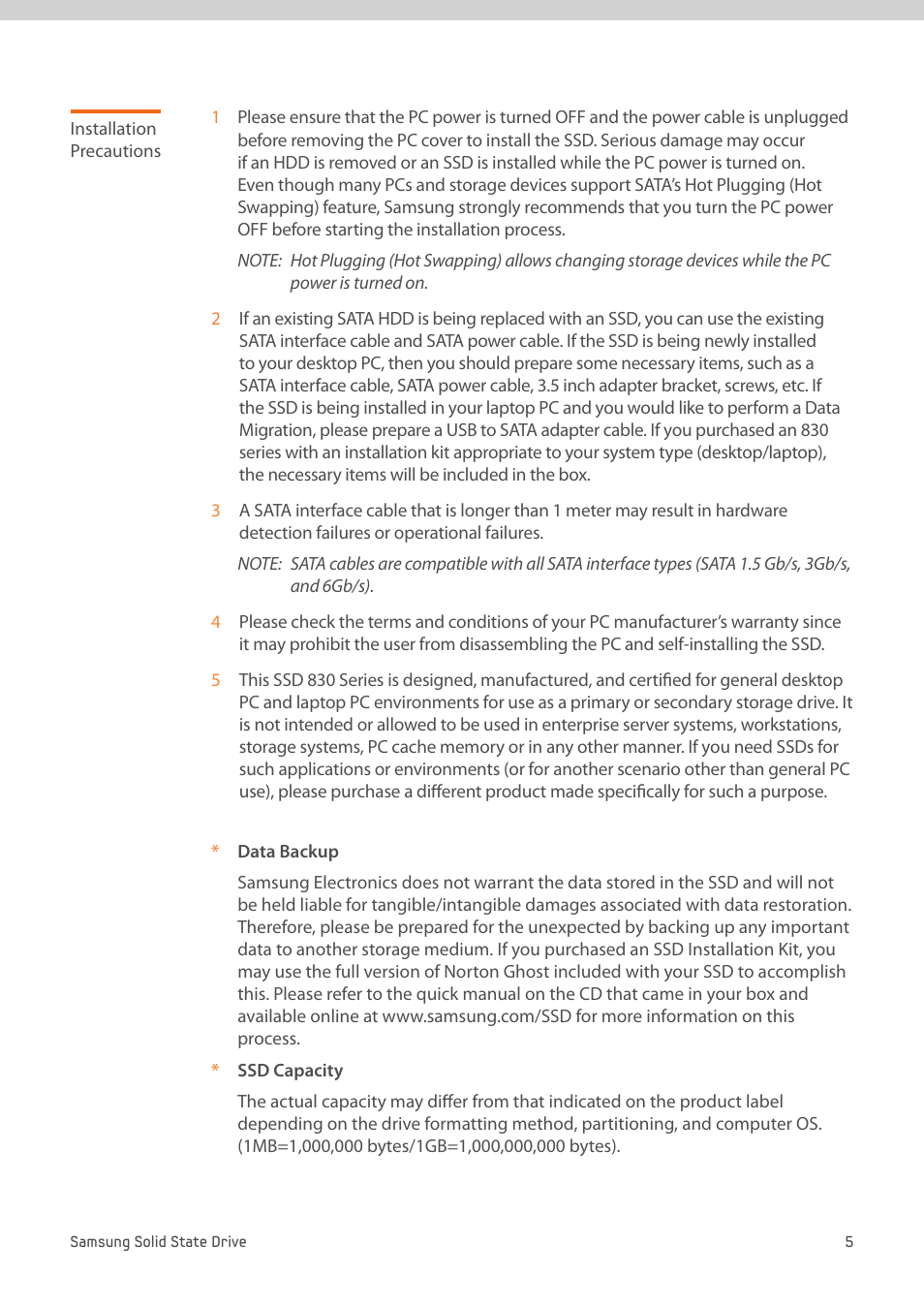 Installation precautions | Samsung MZ-7PC512D-AM User Manual | Page 5 / 14