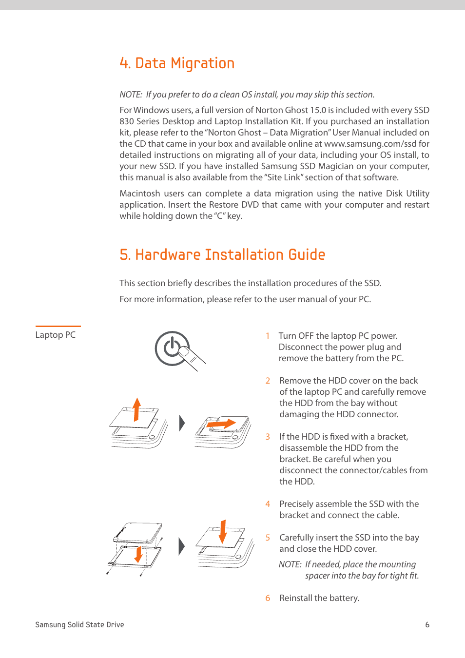 Data migration, Hardware installation guide, Laptop pc | Samsung MZ-7PC512D-AM User Manual | Page 6 / 14