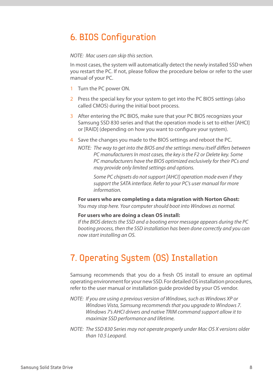 Bios configuration, Operating system (os) installation | Samsung MZ-7PC512D-AM User Manual | Page 8 / 14