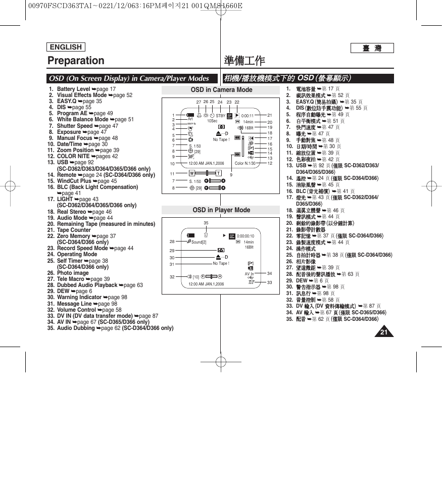 Preparation, 準準備 備工 工作 作, Osd (on screen display) in camera/player modes | 相相機 機 / 播 播放 放機 機模 模式 式下 下的 的 osd （ （螢 螢幕 幕顯 顯示 示, English | Samsung SC-D263-XAA User Manual | Page 21 / 106