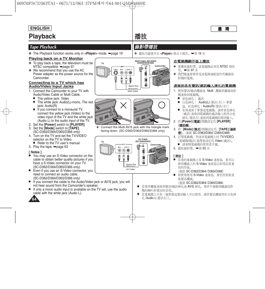 Playback, 播播放 放, Tape playback | 錄錄影 影帶 帶播 播放 放, English | Samsung SC-D263-XAA User Manual | Page 64 / 106