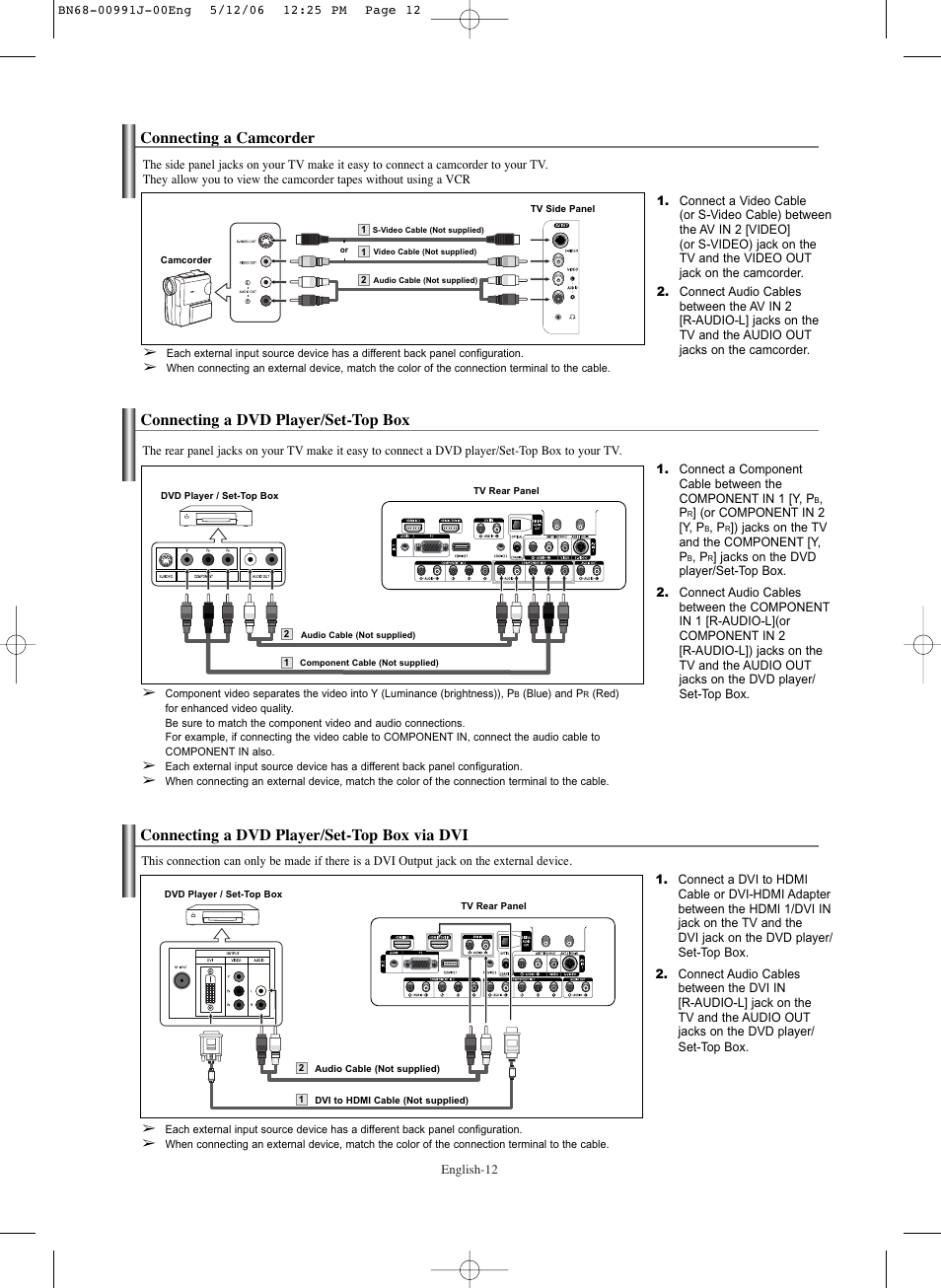 Connecting a camcorder, Connecting a dvd player/set-top box, Connecting a dvd player/set-top box via dvi | Samsung SPS4223X-XAA User Manual | Page 12 / 68