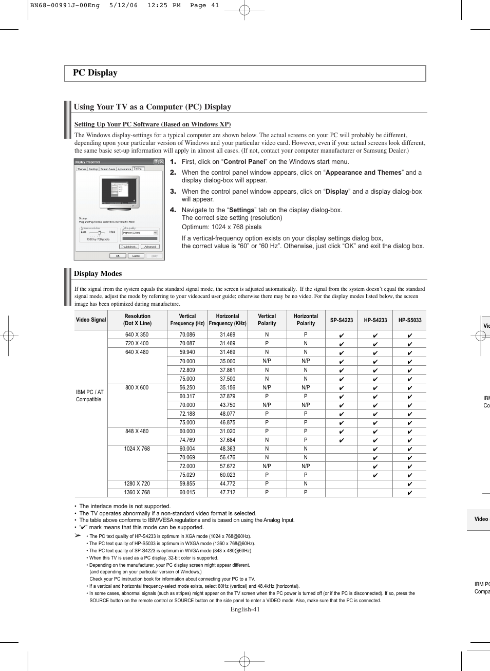 Pc display, Using your tv as a computer(pc)display, Display modes | Using your tv as a computer (pc) display | Samsung SPS4223X-XAA User Manual | Page 41 / 68