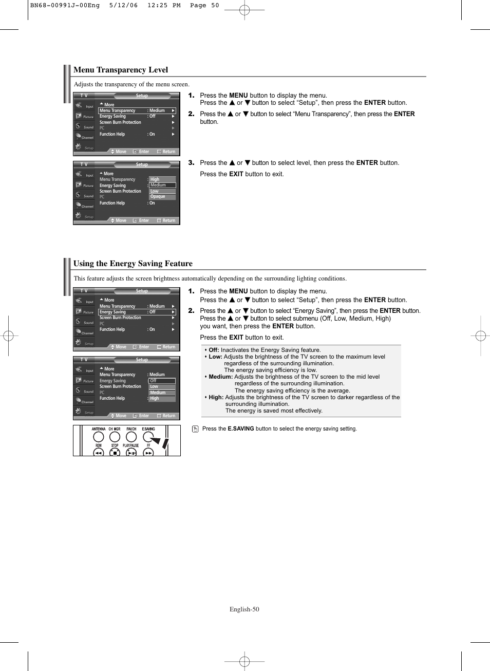 Menu transparency level, Using the energy saving feature | Samsung SPS4223X-XAA User Manual | Page 50 / 68