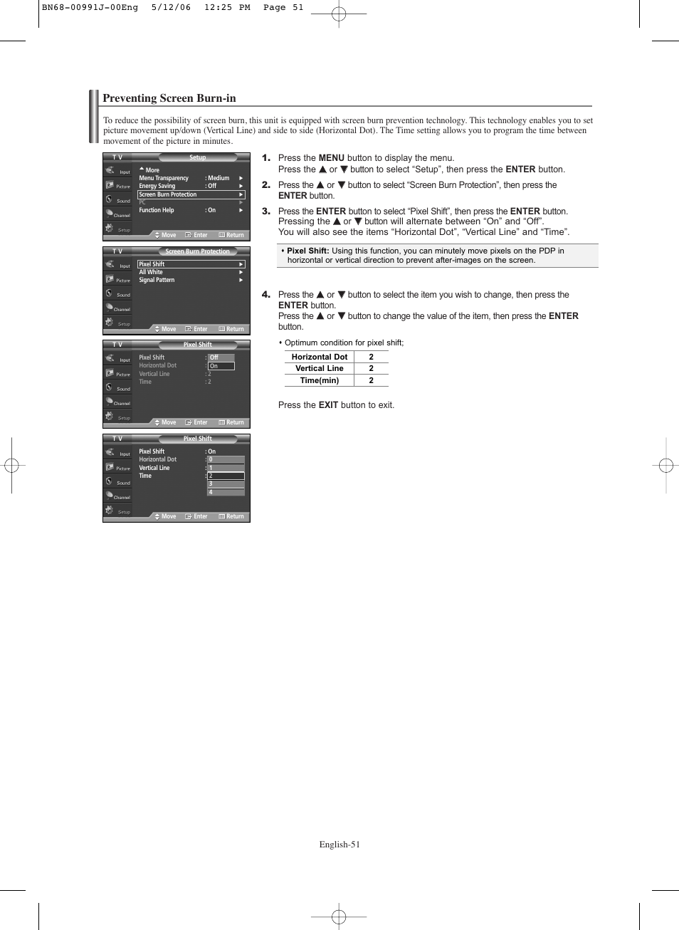 Preventing screen burn-in | Samsung SPS4223X-XAA User Manual | Page 51 / 68