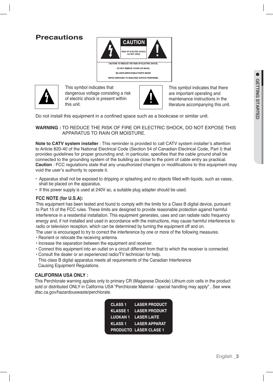 Precautions | Samsung DVD-P191-XAA User Manual | Page 3 / 56