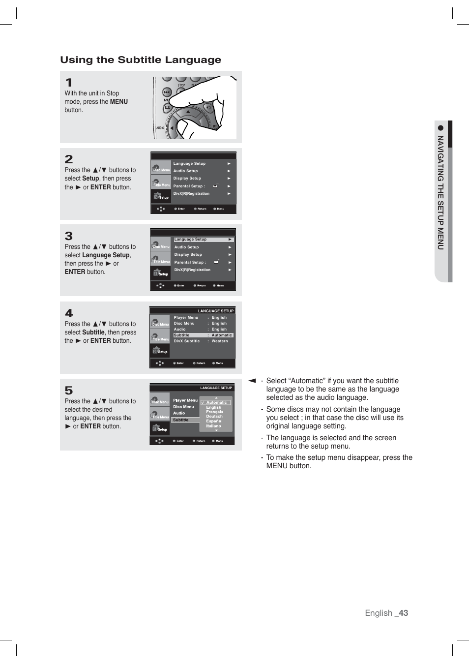 Using the subtitle language, English | Samsung DVD-P191-XAA User Manual | Page 43 / 56