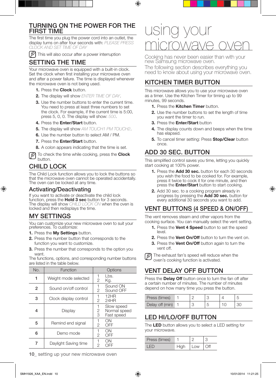 Using your microwave oven, Turning on the power for the first time, Setting the time | Child lock, My settings, Kitchen timer button, Add 30 sec. button, Vent buttons (4 speed & on/off), Vent delay off button, Led hi/lo/off button | Samsung SMH1926B-XAA User Manual | Page 10 / 28