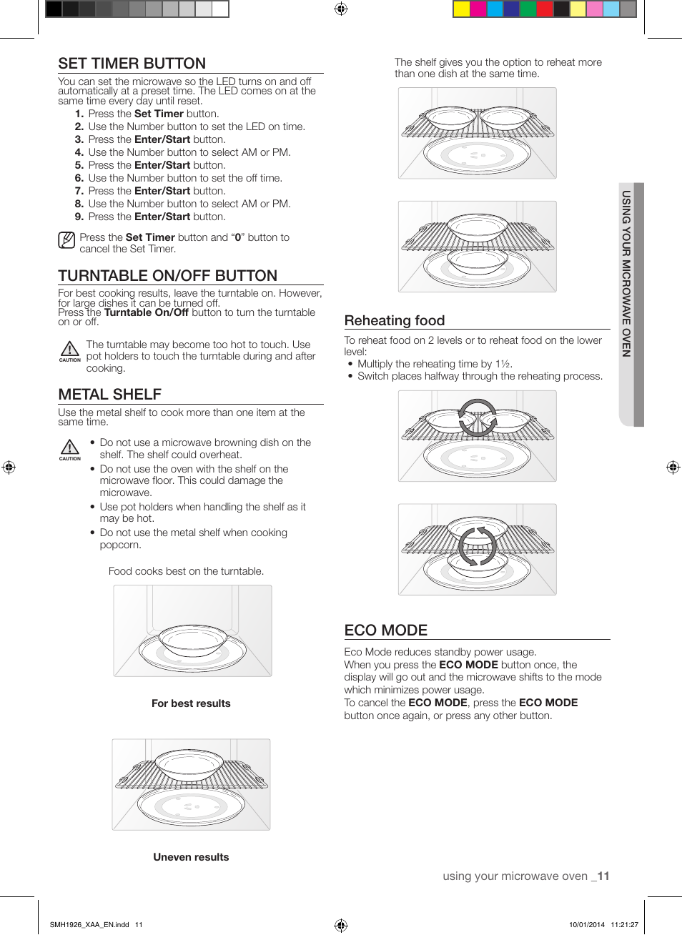 Set timer button, Turntable on/off button, Metal shelf | Eco mode, Reheating food | Samsung SMH1926B-XAA User Manual | Page 11 / 28