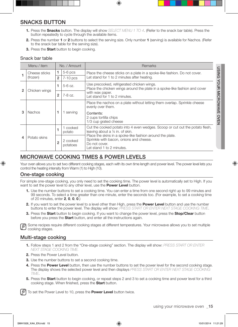 Snacks button, Microwave cooking times & power levels, One-stage cooking | Multi-stage cooking, Snack bar table | Samsung SMH1926B-XAA User Manual | Page 15 / 28