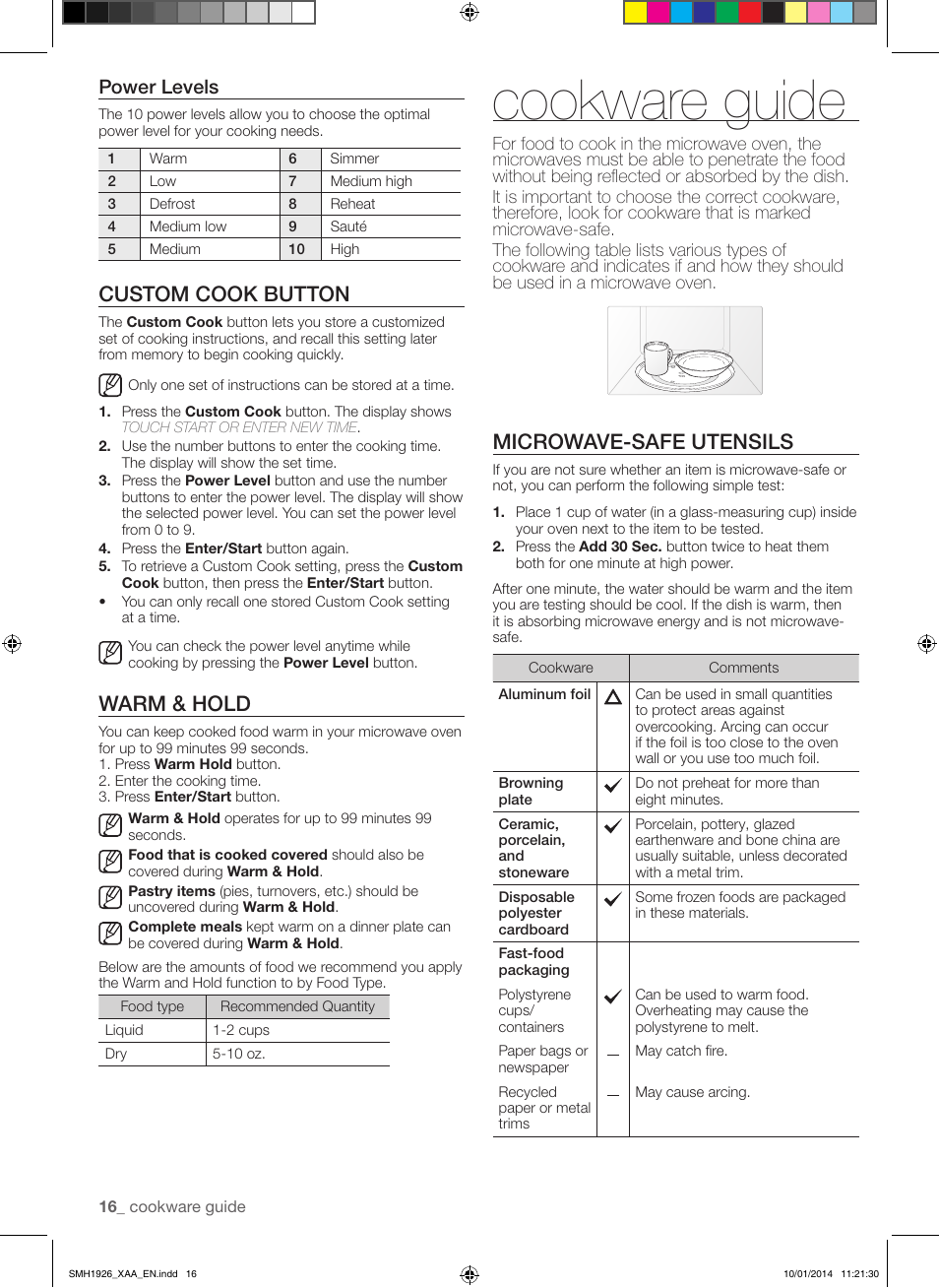 Cookware guide, Custom cook button, Warm & hold | Microwave-safe utensils, Power levels | Samsung SMH1926B-XAA User Manual | Page 16 / 28