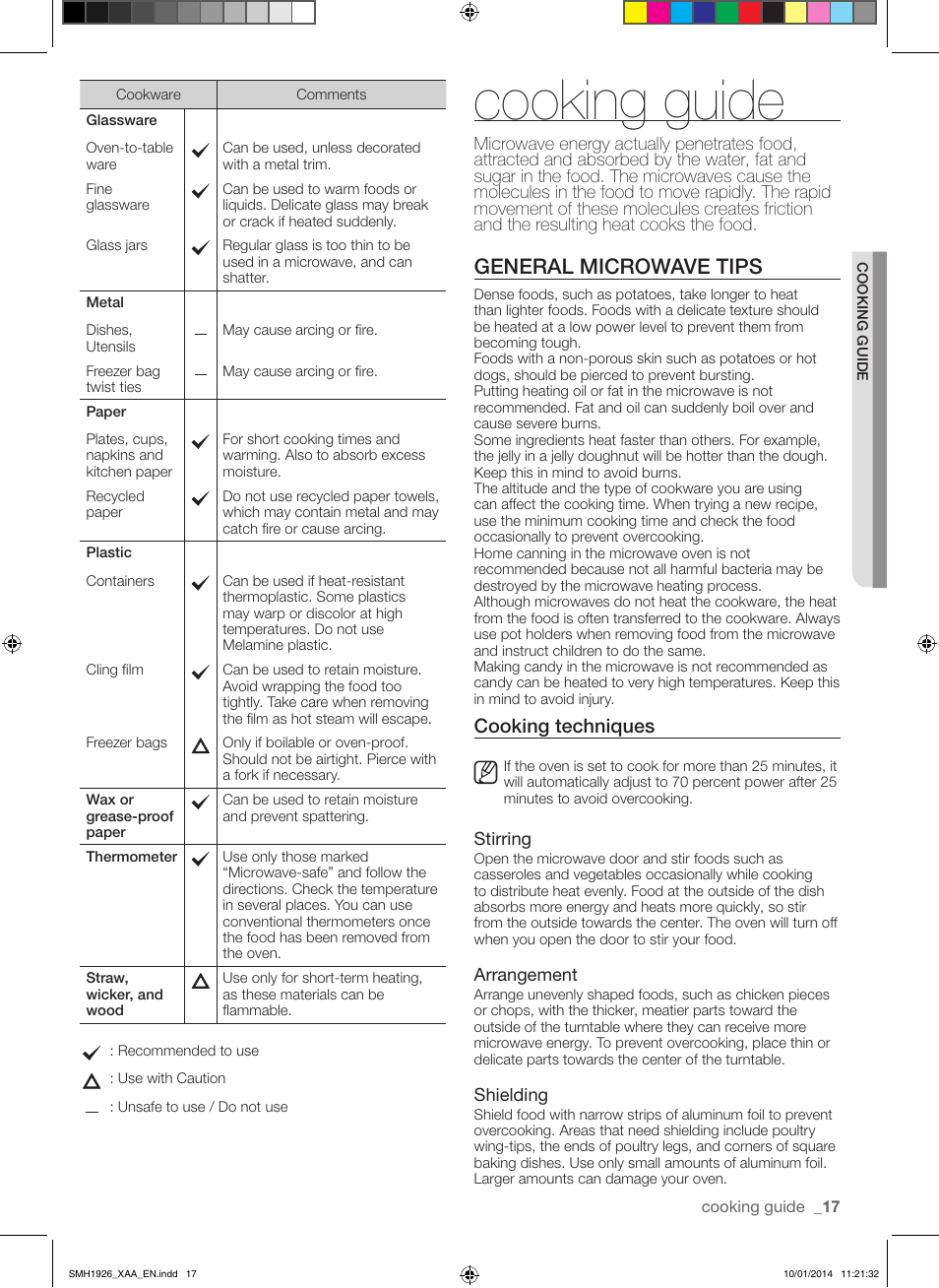 Cooking guide, General microwave tips, Cooking techniques | Samsung SMH1926B-XAA User Manual | Page 17 / 28