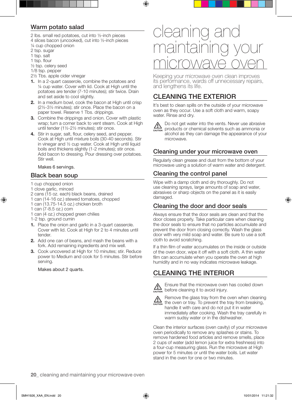 Cleaning and maintaining your microwave oven, Cleaning the exterior, Cleaning the interior | Warm potato salad, Black bean soup, Cleaning under your microwave oven, Cleaning the control panel, Cleaning the door and door seals | Samsung SMH1926B-XAA User Manual | Page 20 / 28