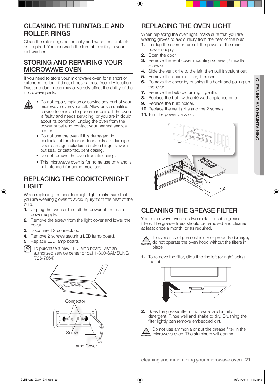 Replacing the oven light, Cleaning the grease filter, Cleaning the turntable and roller rings | Storing and repairing your microwave oven, Replacing the cooktop/night light | Samsung SMH1926B-XAA User Manual | Page 21 / 28