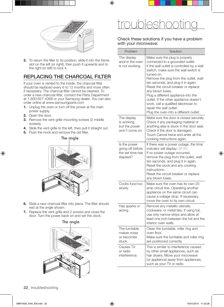 Troubleshooting, Replacing the charcoal filter, The angle | Samsung SMH1926B-XAA User Manual | Page 22 / 28