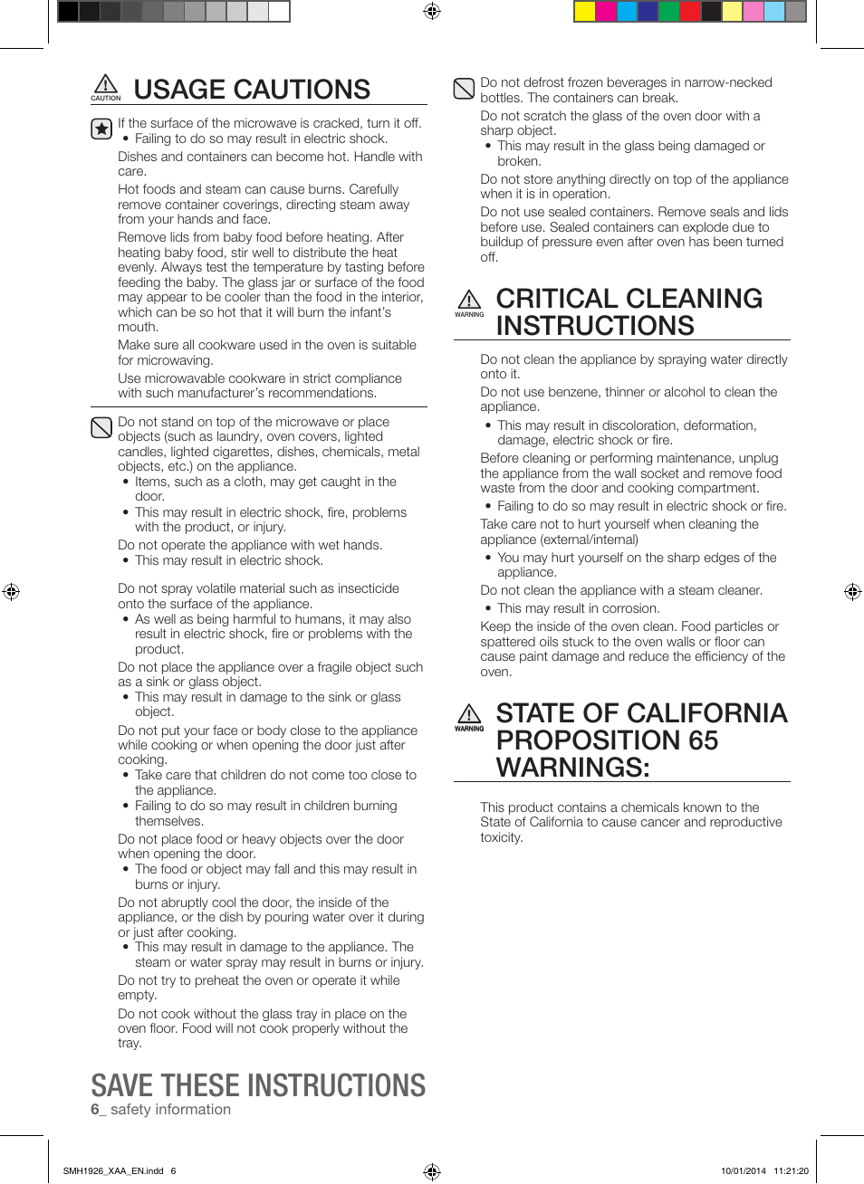 Save these instructions, Usage cautions, Critical cleaning instructions | State of california proposition 65 warnings | Samsung SMH1926B-XAA User Manual | Page 6 / 28