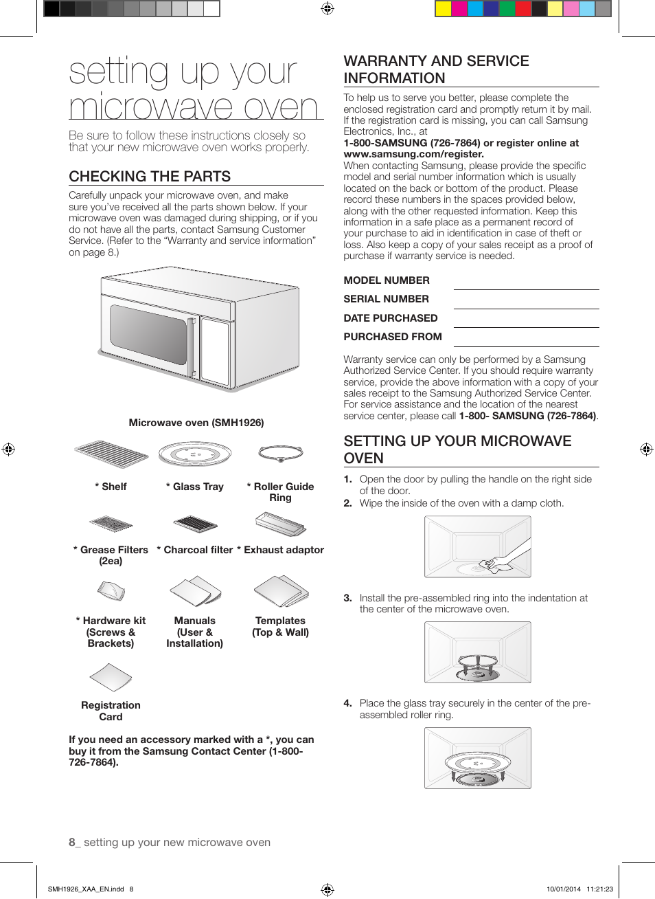 Setting up your microwave oven, Checking the parts, Warranty and service information | Samsung SMH1926B-XAA User Manual | Page 8 / 28