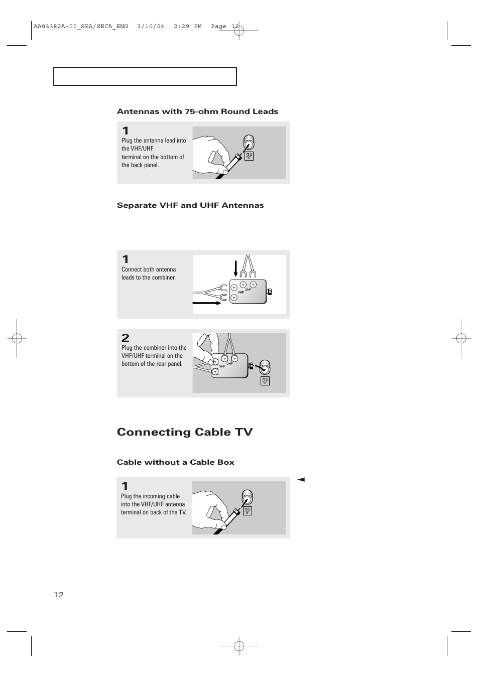 Antennas with 75-ohm round leads, Separate vhf and uhf antennas, Connecting cable tv | Cable without a cable box | Samsung TXP2028X-XAC User Manual | Page 12 / 52