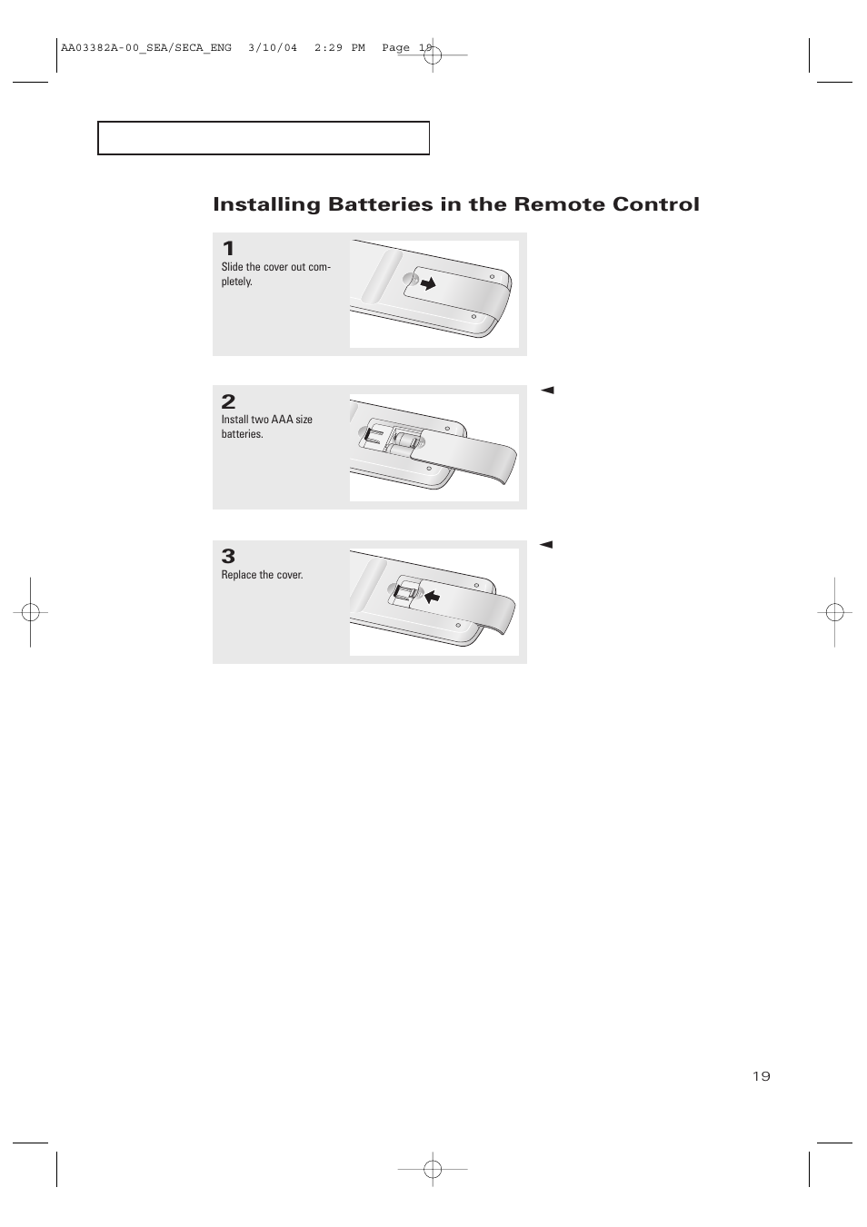 Installing batteries in the remote control | Samsung TXP2028X-XAC User Manual | Page 19 / 52