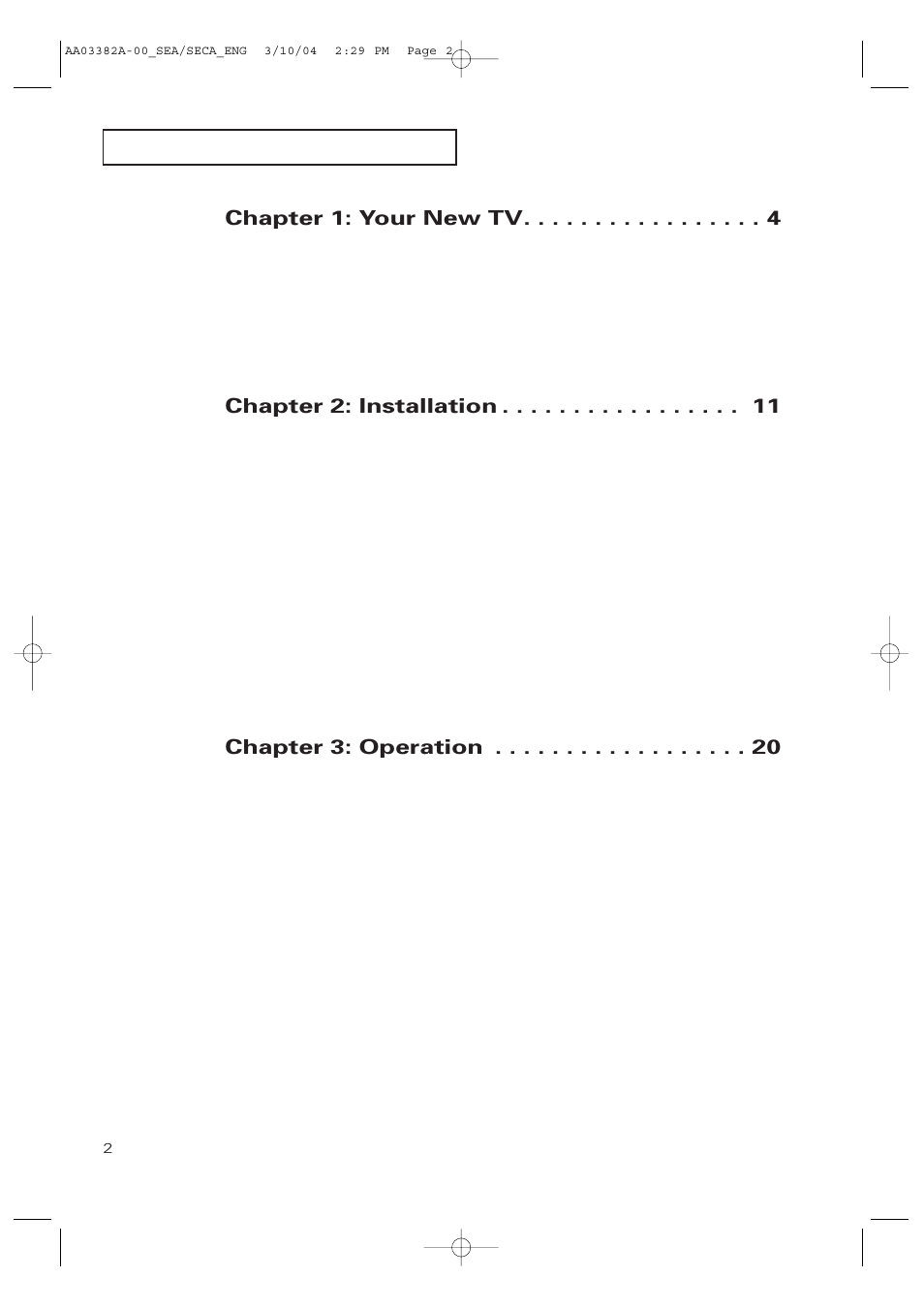 Chapter 1: your new tv, Chapter 2: installation, Chapter 3: operation | Samsung TXP2028X-XAC User Manual | Page 2 / 52