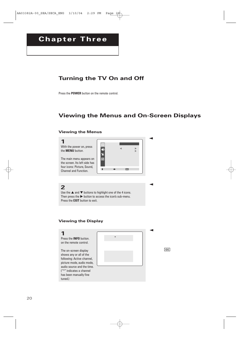 Chapter 3: operation, Turning the tv on and off, Viewing the menus and on-screen displays | Viewing the menus, Viewing the display | Samsung TXP2028X-XAC User Manual | Page 20 / 52